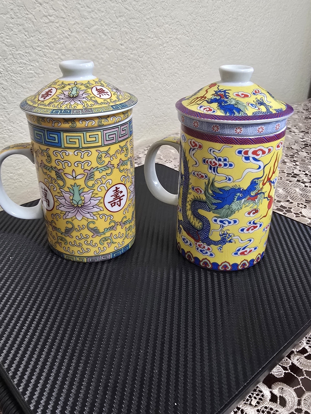 Chinese-Style Yellow Porcelain Lidded Mugs (Set of 2)